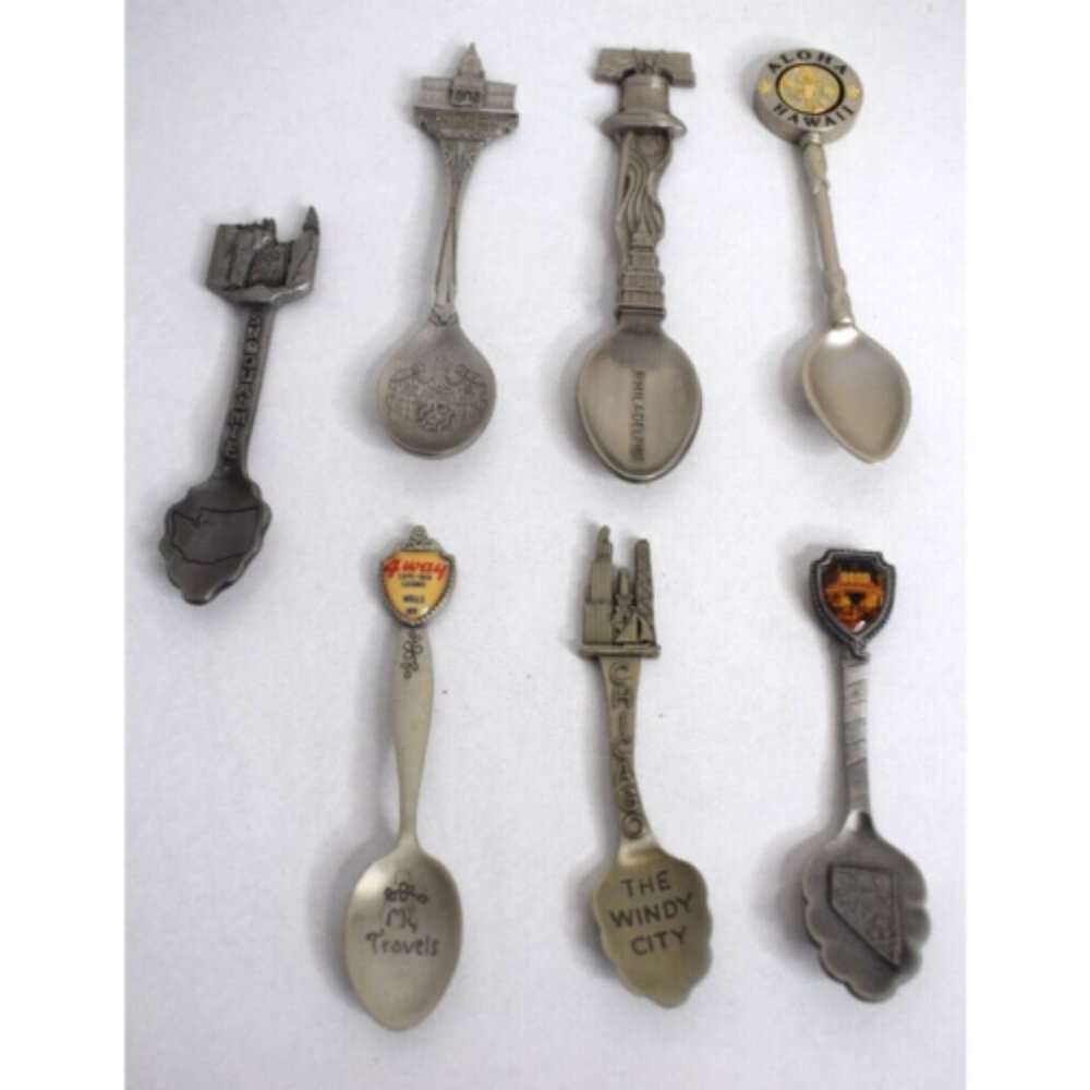 Lot of 7 Travel Souvenir Collector Spoons Cities & States Pewter More!
